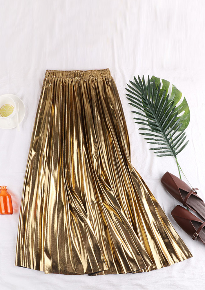 Metallic Golden Pleated A-line Midi Skirt