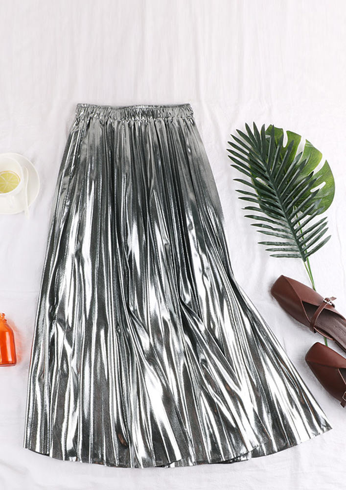 Metallic Silver Pleated A-line Midi Skirt
