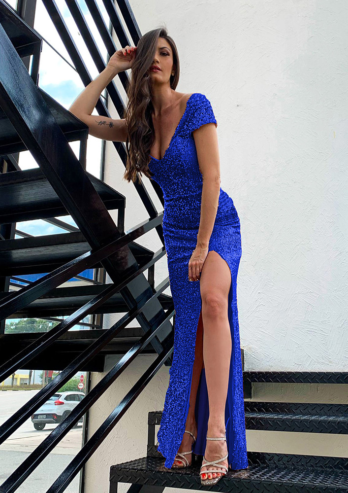 SEQUIN BLUE CURVED BACK MAXI DRESS