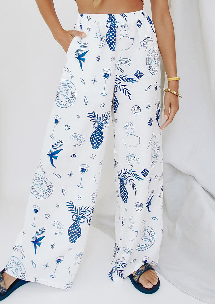 White Printed Pull-on Trousers