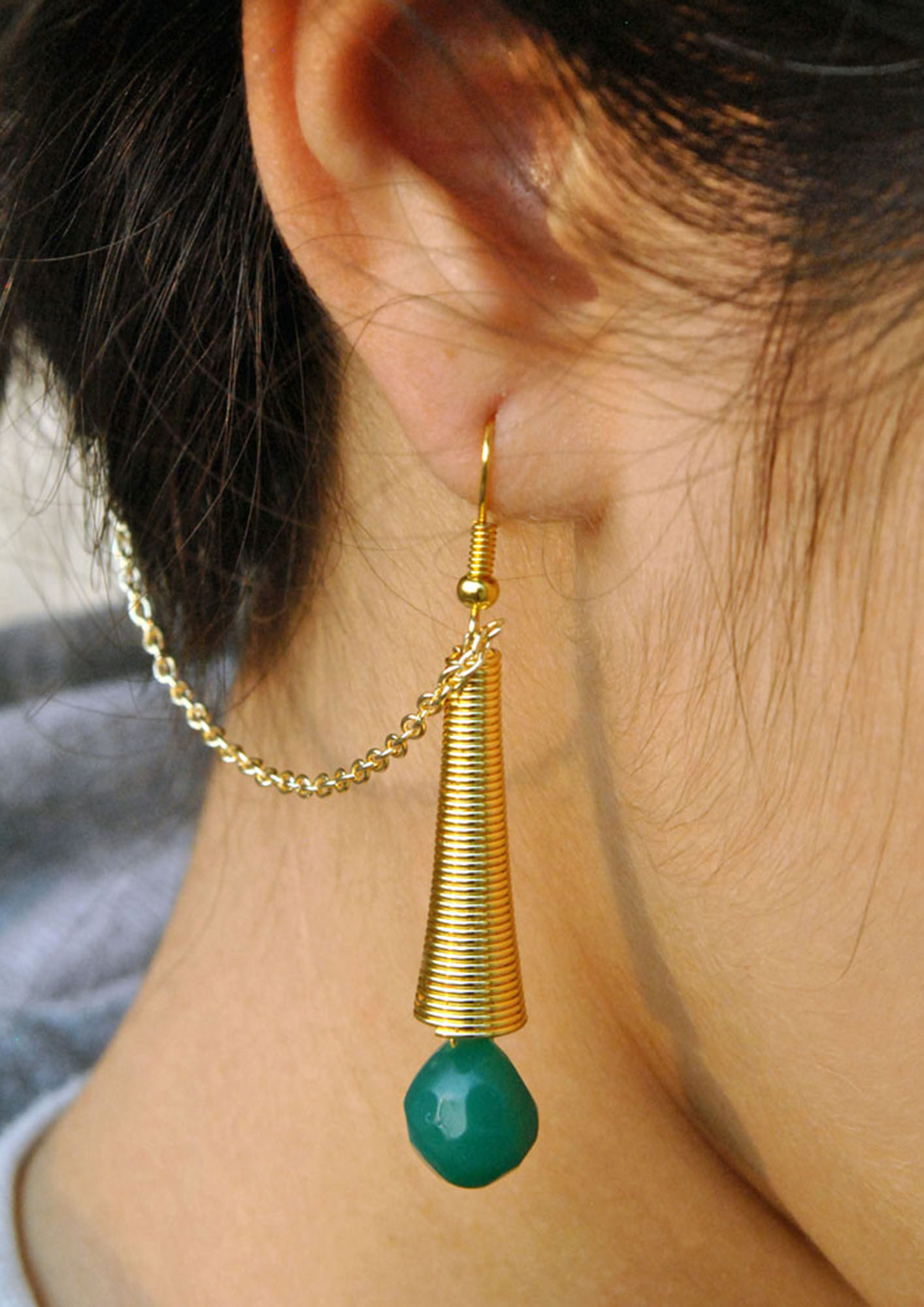 Green Dangling Earring With Hair Chain