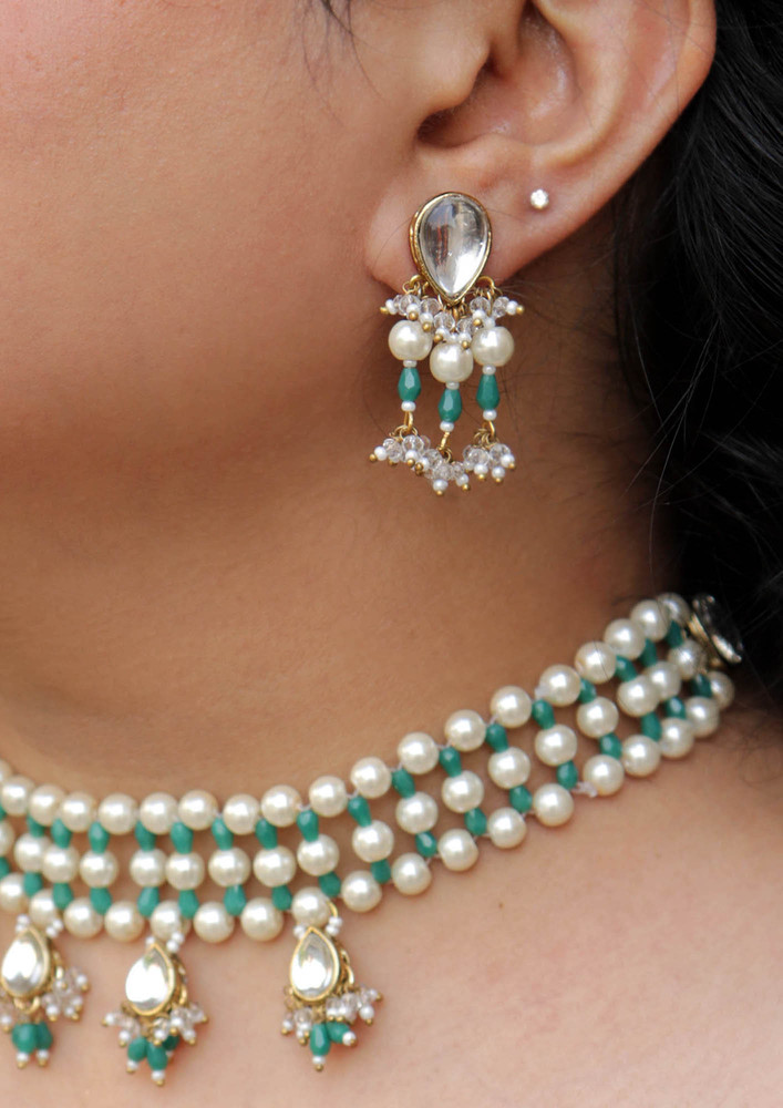 Dainty Pearl With Green Beads Earrings