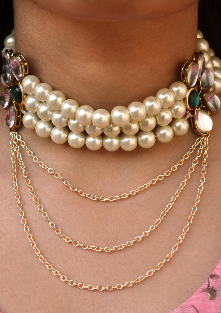 Pearl And Kundan Multi Chain Necklace