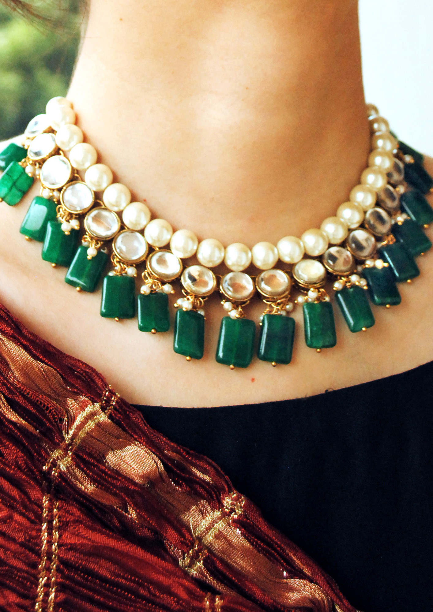 Semi Precious Green Stone And Kundan Necklace