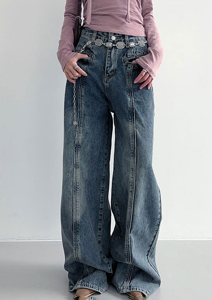 Blue Straight Lined-seams Jeans