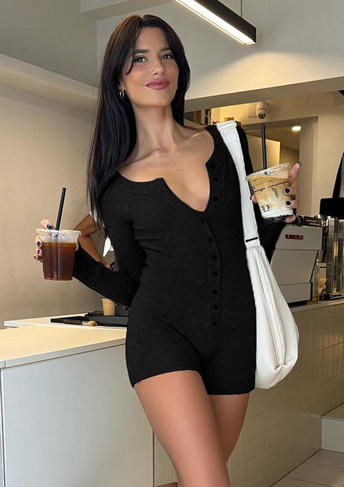 Black Button-down Fitted Playsuit