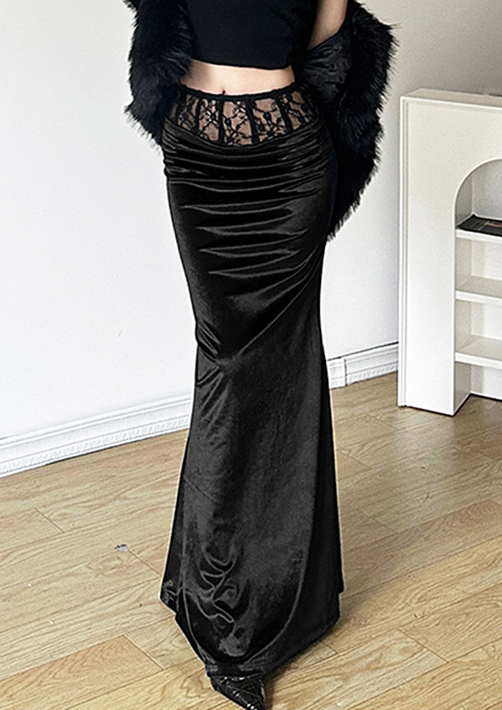 Black Lace-detail Long Fishtail Skirt