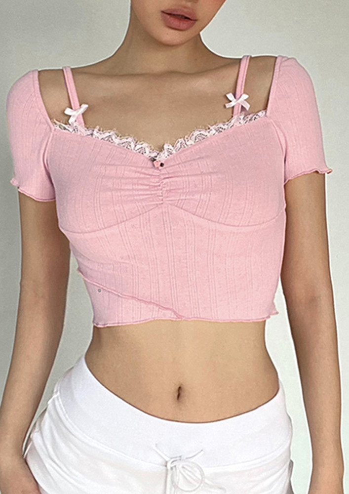Pink Contrast Lace Trim Fitted Crop Top