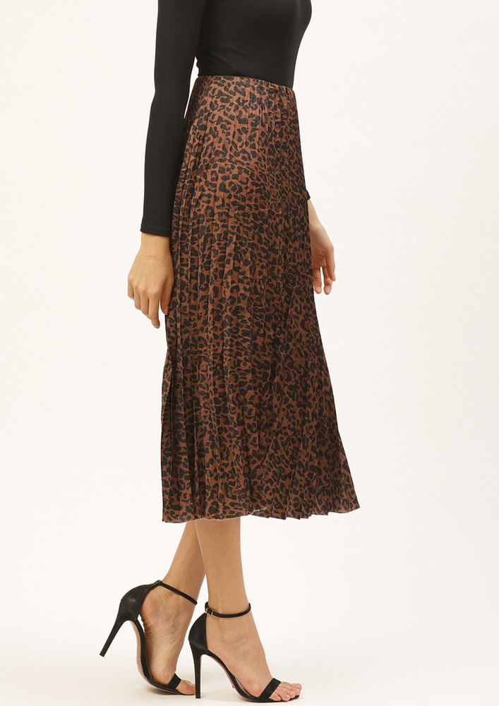 Brown And Black Leopard Print Accordion Pleated Midi A-Line Skirt