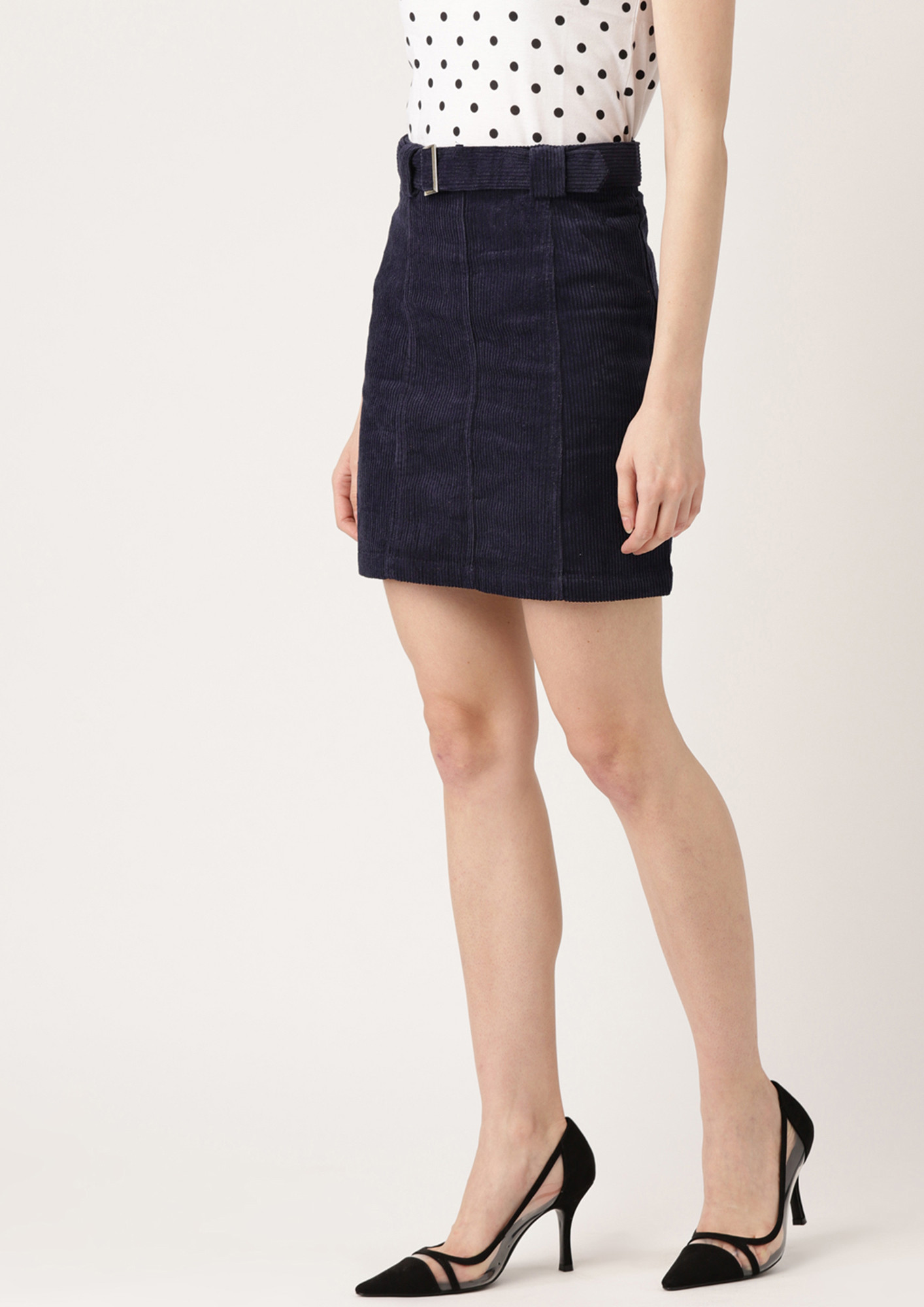 Women Navy Blue Corduroy Mini Skirt