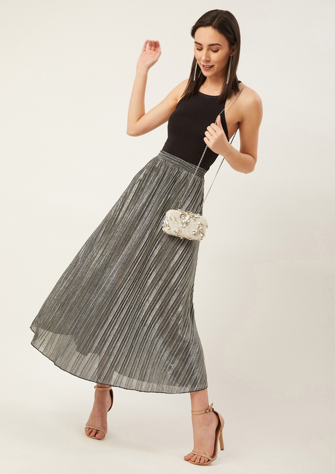 Women Self Design Flared Sliver Skirt