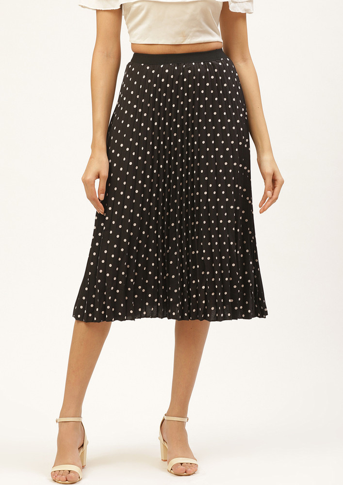 Women Black & White Accordion Pleated Polka Dots Print A-Line Skirt