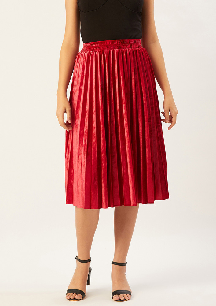 Women Red Solid Accordion Pleated Flared Midi Skirt