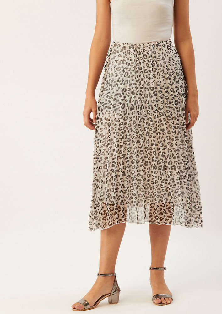 Women Off-White & Black Animal Printed Pleated A-Line Midi Skirt