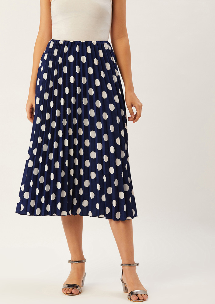 Women Navy Blue & White Polka Dot Printed Pleated A-line Midi Skirt