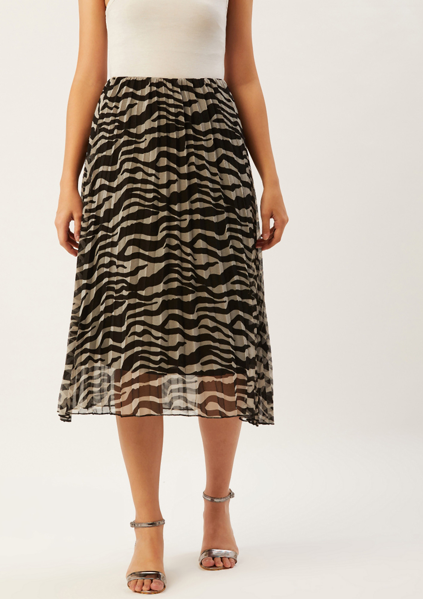 Women Black & Off-White Zebra Printed A-Line Midi Skirt