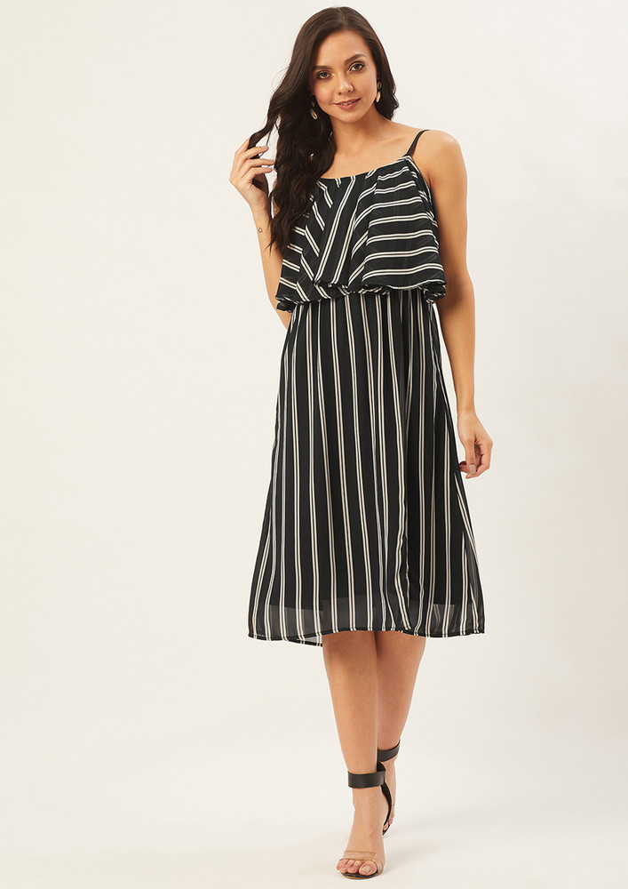 Women Black & Off-white Striped A-line Dress