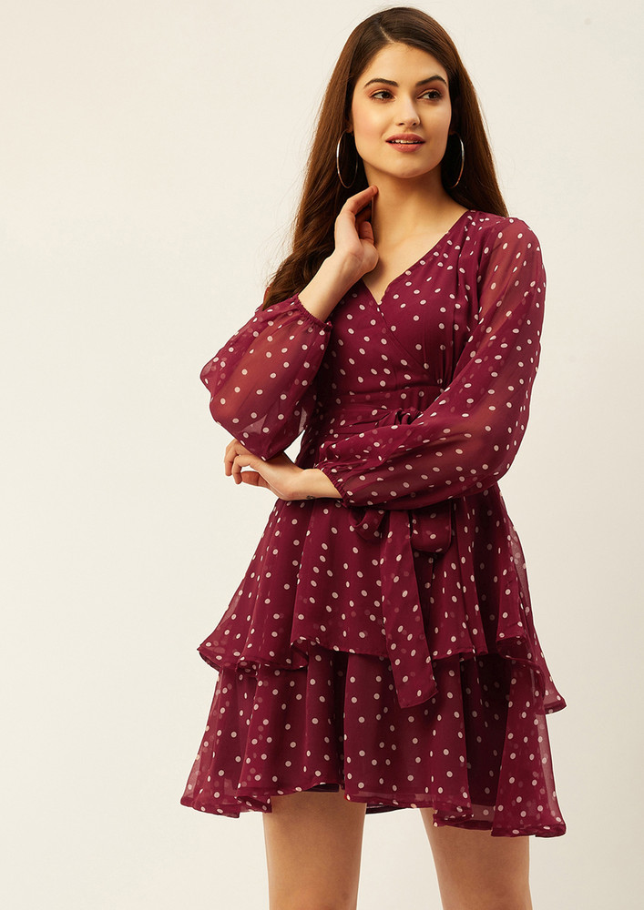 Women Maroon Printed Fit And Flare Dress