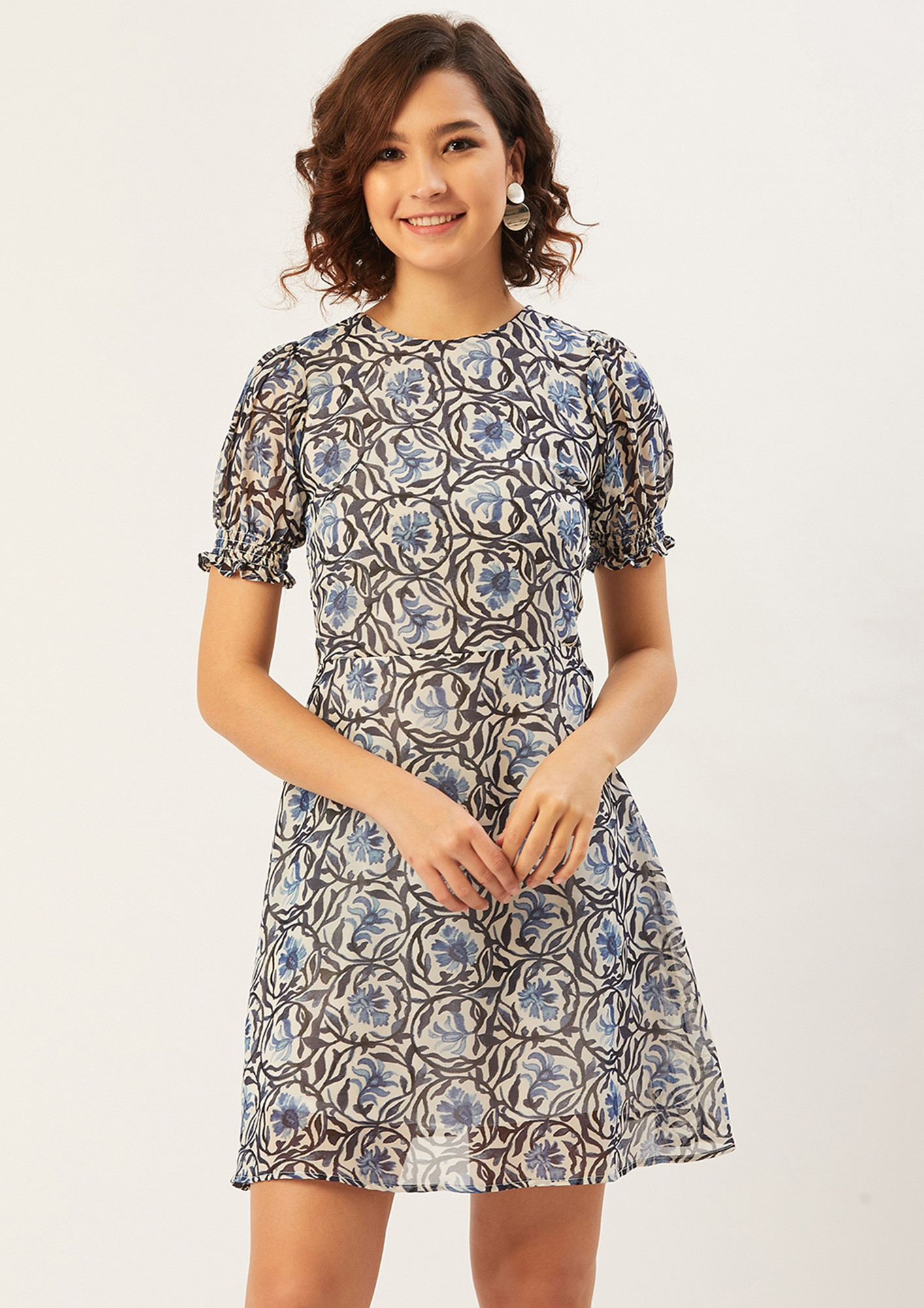Women Blue & Black Printed Fit And Flare Dress