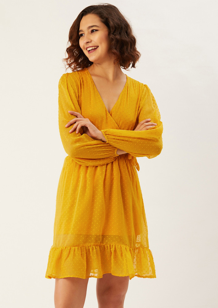 Women Mustard Yellow Self Design Wrap Dress