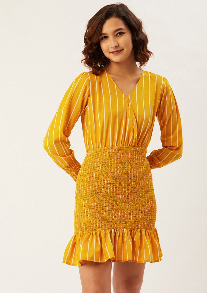 Women Mustard Yellow & White Striped Sheath Dress