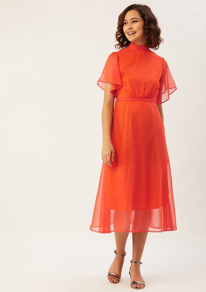 Women Orange Solid Fit And Flare Dress