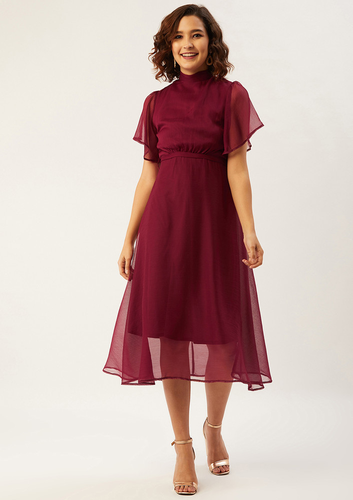 Women Maroon Solid Fit And Flare Dress