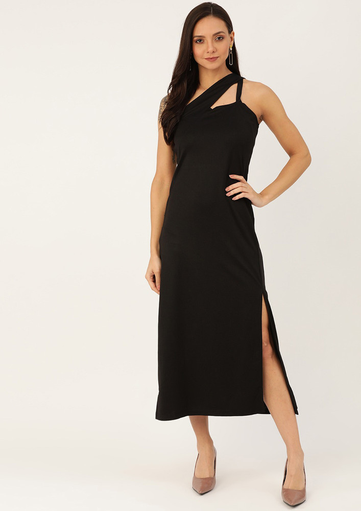 Women Black Solid One Shoulder Maxi Dress