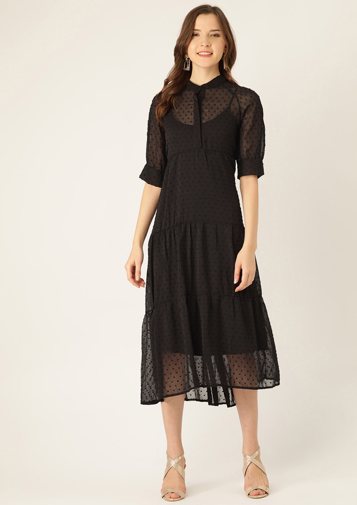 Women Black Dobby Weave Semi-sheer Tiered A-line Dress