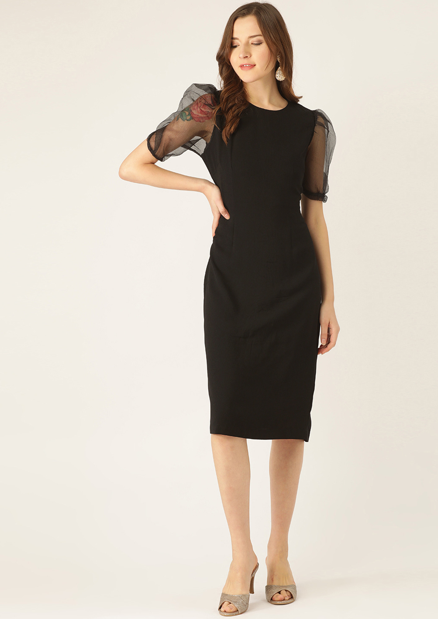Black Georgette Dress with Puff Sleeves - BPT Designer