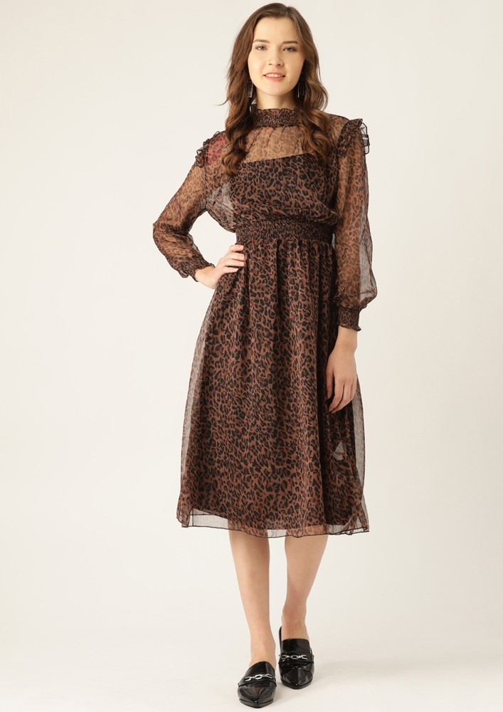 Women Brown & Black Animal Print A-Line Dress