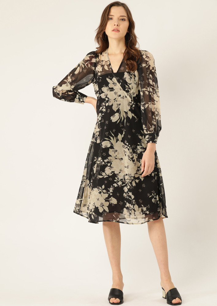Women Black & Beige Floral Print Semi-sheer Wrap Dress