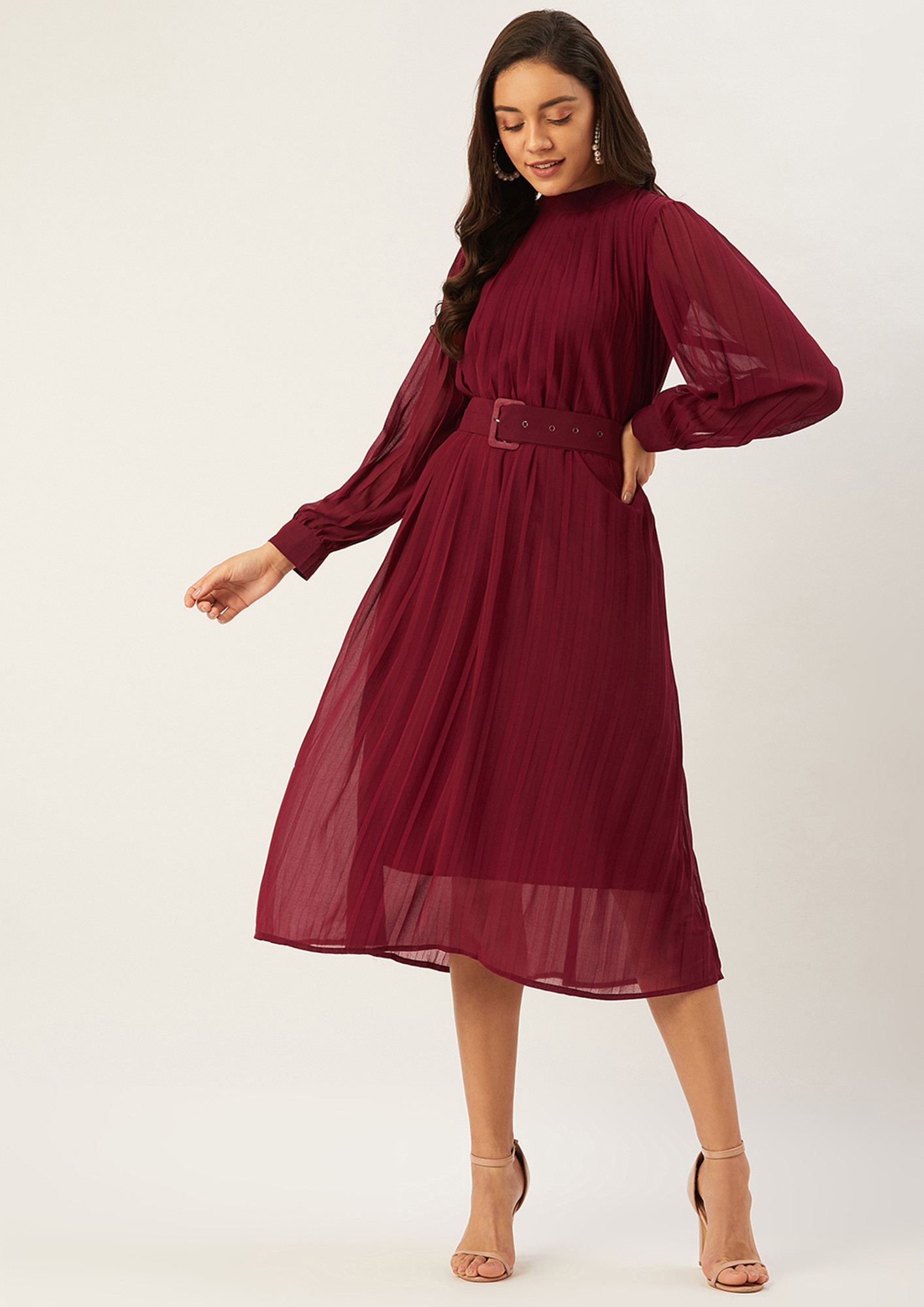 Women Maroon Solid Accordian Pleated A-Line Dress