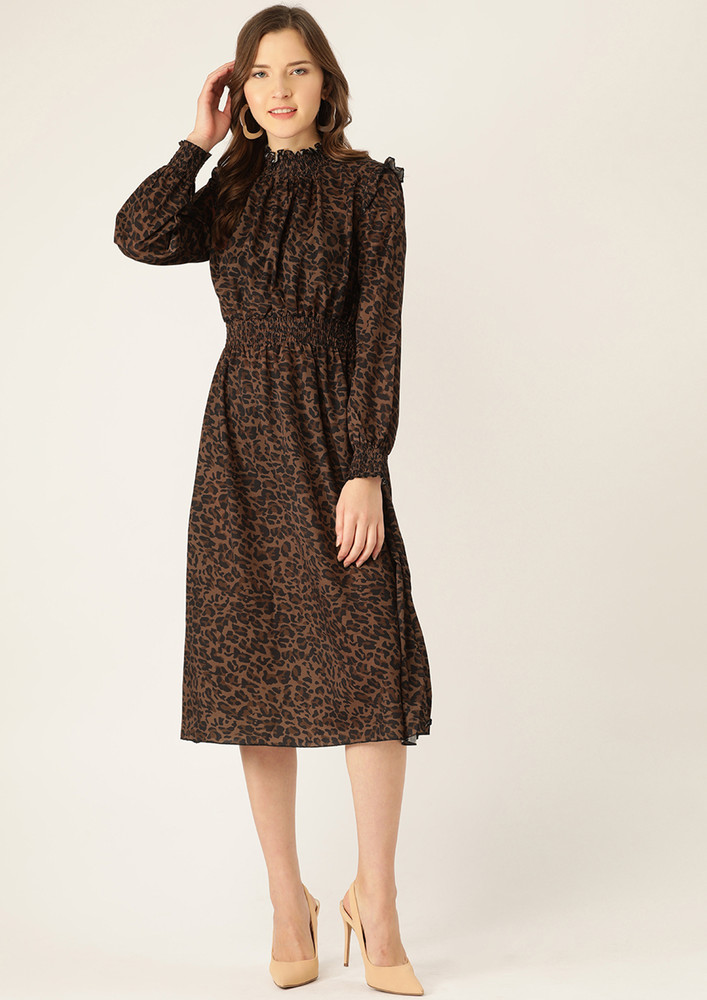 Women Brown & Black Animal Print Fit And Flare Dress