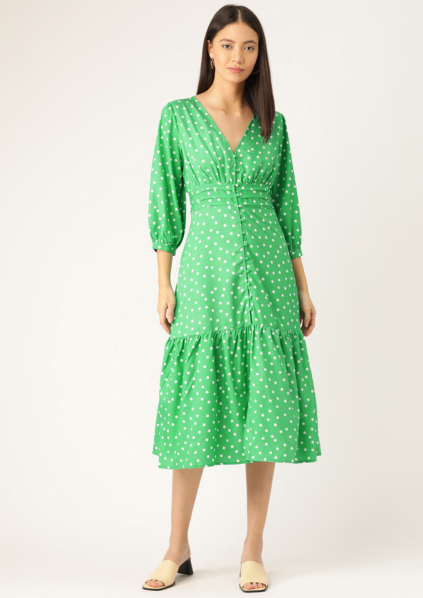 Women Green & White Polka Dots Printed Empire Dress