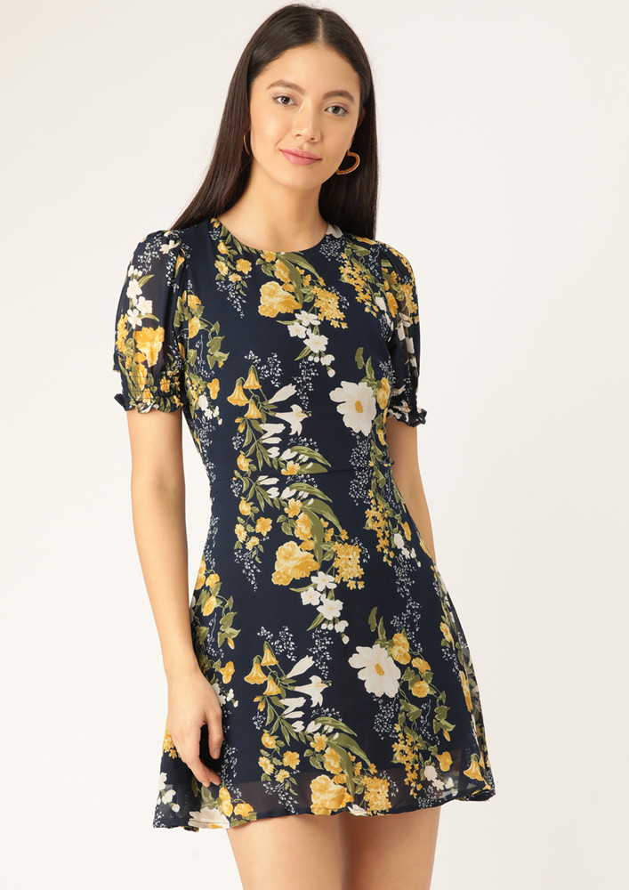 Women Navy Blue & Yellow Floral Printed Semi-sheer A-line Dress