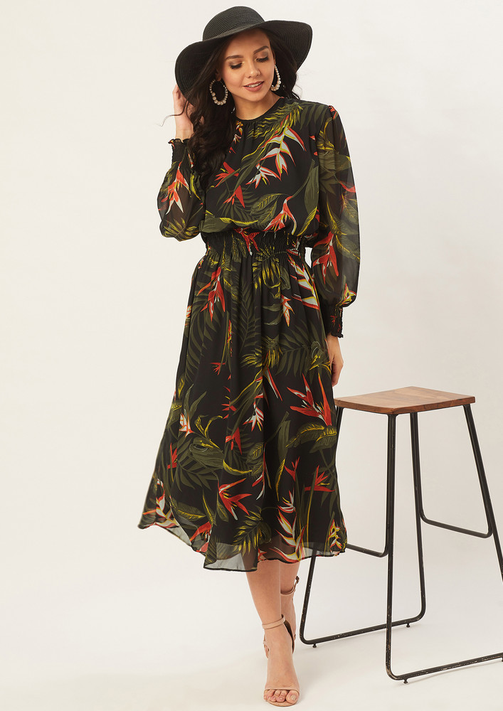 Women Green Tropical Printed A-line Dress