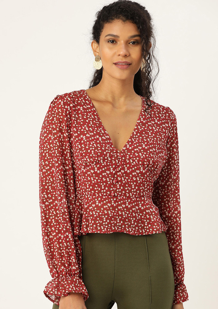 Maroon & White Floral Print Empire Top