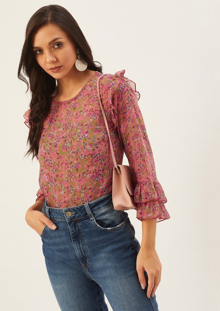 Casual Flared Sleeves Floral Print Women Multicolor Top