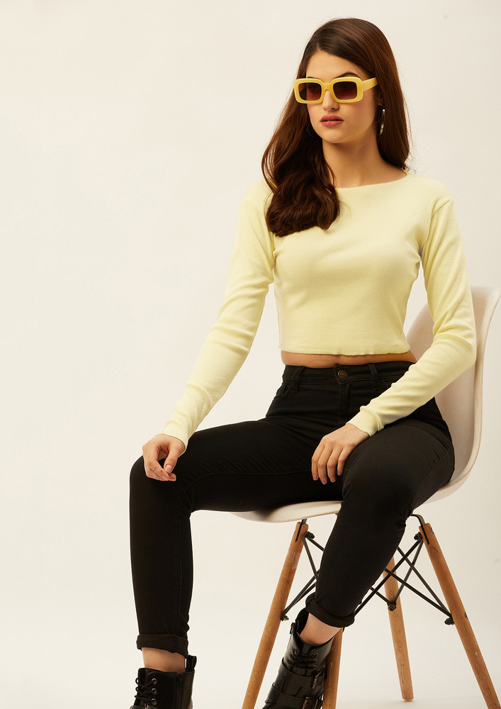 Women Yellow Solid Ribbed Crop Top