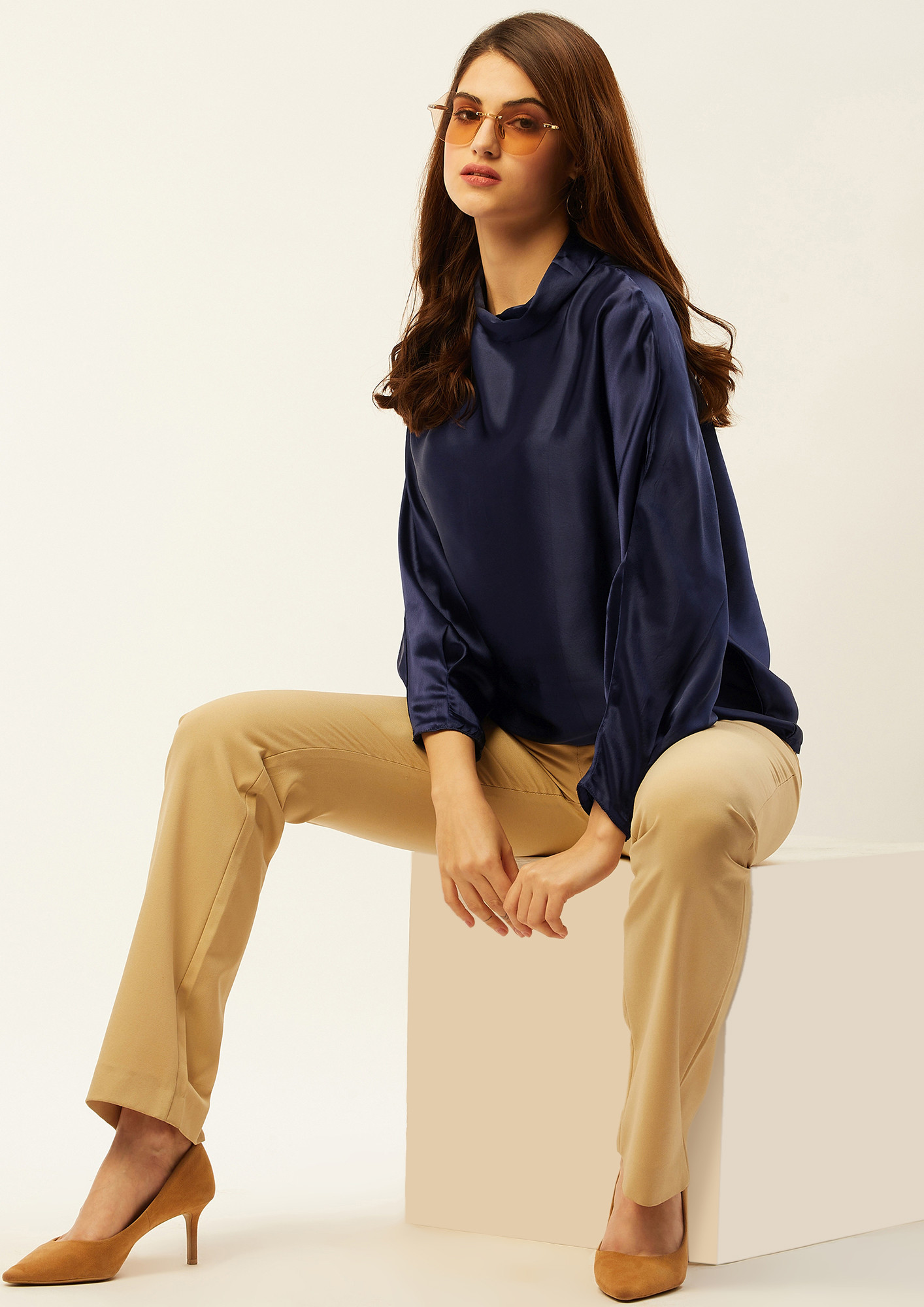 Women Blue-Coloured Solid Top With Satin Finish