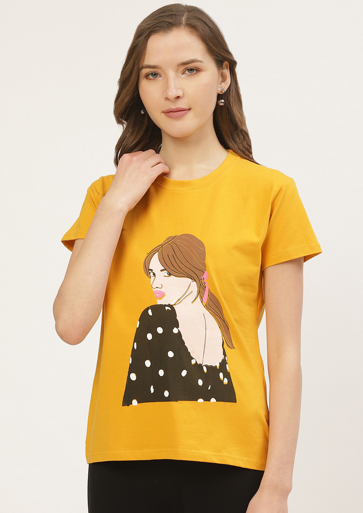 Printed Women Round Neck Sunshine Yellow T-Shirt