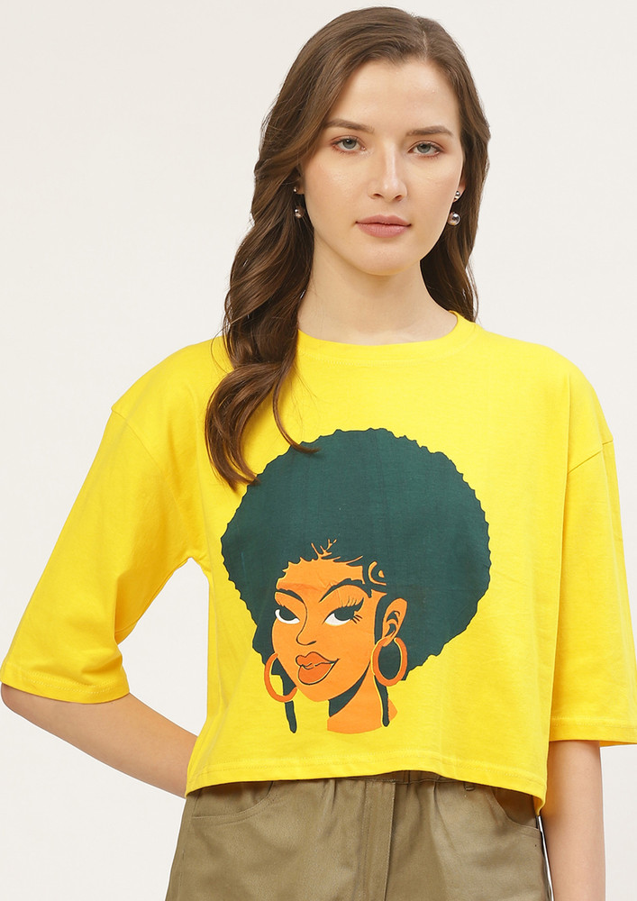 Printed Women Round Neck Yellow T-shirt