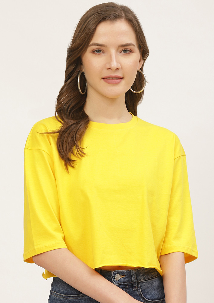 Solid Women Round Neck Striking Yellow T-Shirt
