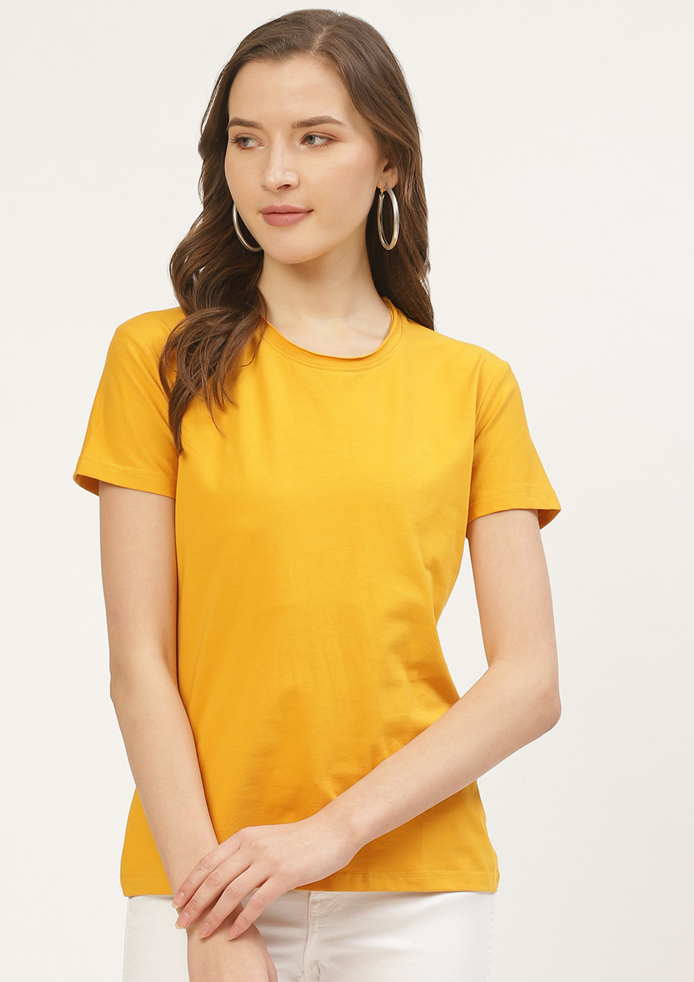Solid Women Round Neck Sunshine Yellow T-Shirt