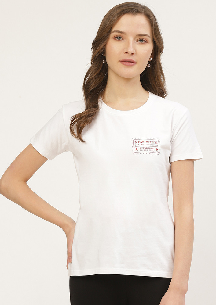Printed Women Round Neck Pure White T-shirt