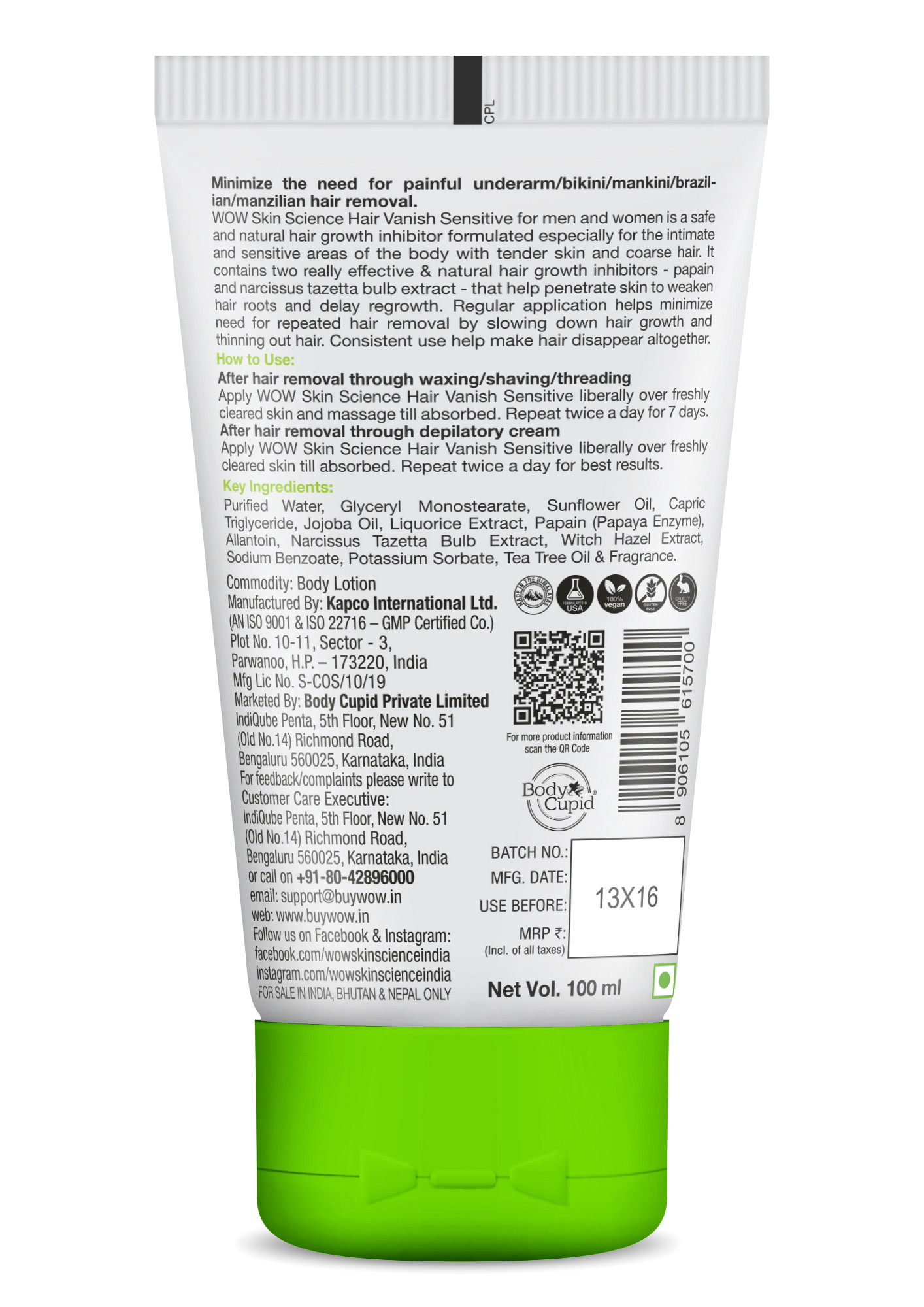 Buy WOW Skin Science Hair Vanish Sensitive - 100 ml for Women Online in  India