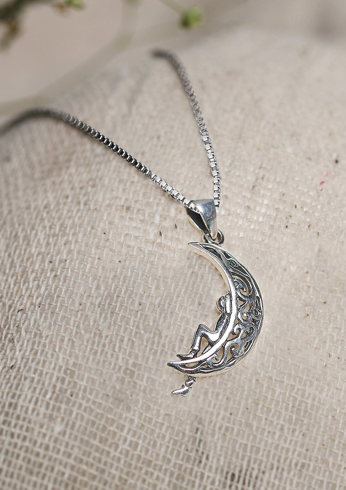 Oxidised Silver Unwind Moon Pendant With Box Chain