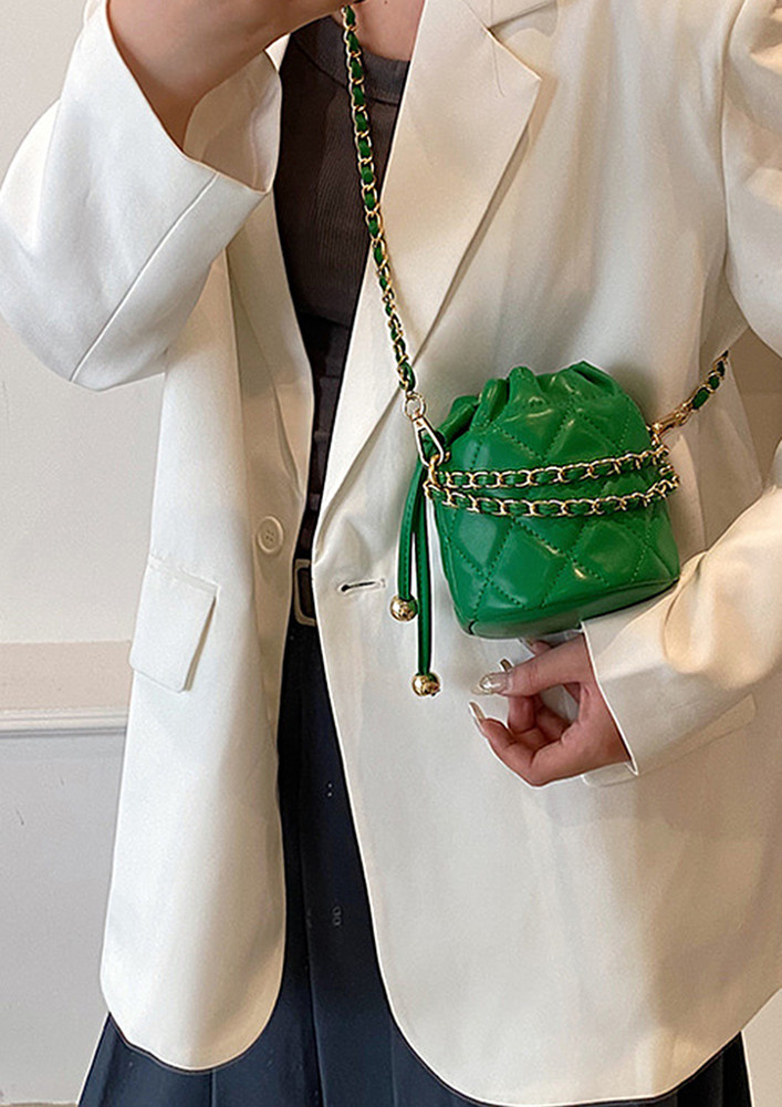 GREEN QUILTED PU LEATHER BUCKET BAG