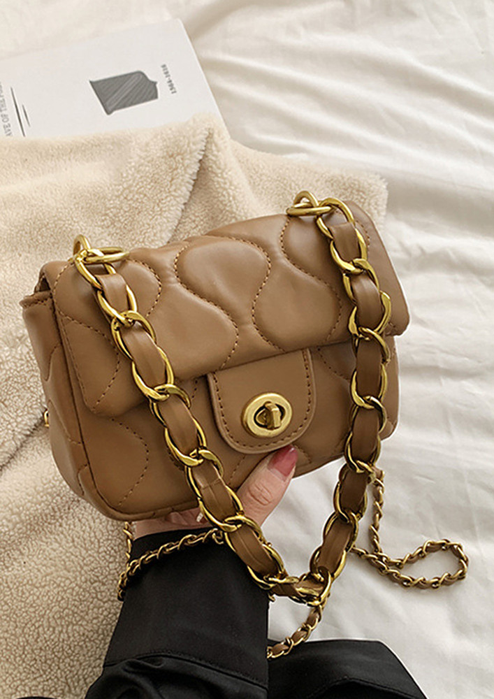 KHAKI SMALL QUILTED CHAIN STRAPS SHOULDER BAG